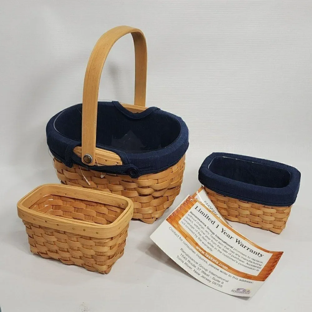 3 Taskets Renaissance Wood Slat Woven Baskets Navy Liner Bow Wow Meow‎